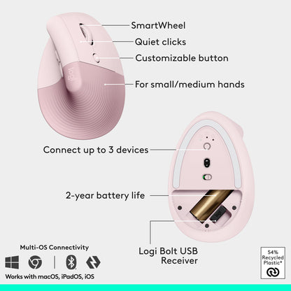 Logitech Wave Keys & Lift Vertical Mouse Ergonomic Wireless Combo - Rose