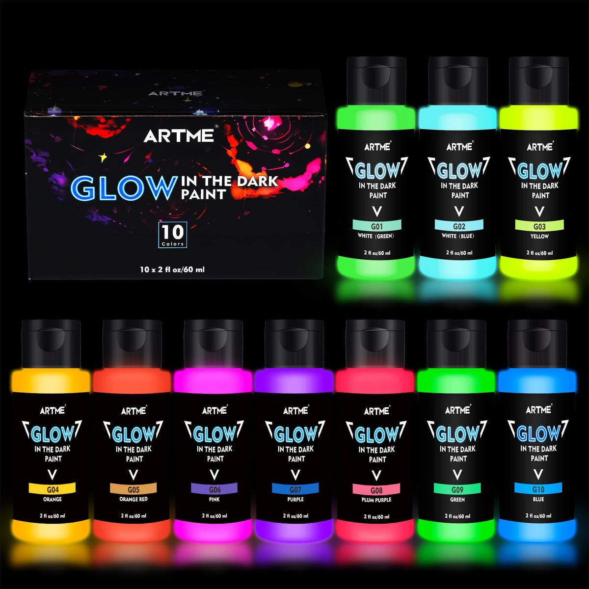 ARTME Glow in The Dark Paint, 10 Bright Colors 60ml/2oz Blacklight Paint Set, Neon Craft Paint, Acrylic Glow Fluorescent Paint Perfect for Art Painting, DIY projects, Halloween and Christmas 🍁 All In One Marketplace Canada