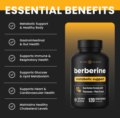 Berberine 1200mg Complex – 120 Count - Highest Purity 97% Berberine HCl + Patented Berbevis Phytosome for Max Absorption – Ultra Strength Capsules With Grape Seed Extract - Berberine Supplement Supports Glucose Metabolism & Healthy Blood Sugar Levels - Available at All In One Marketplace Canada
