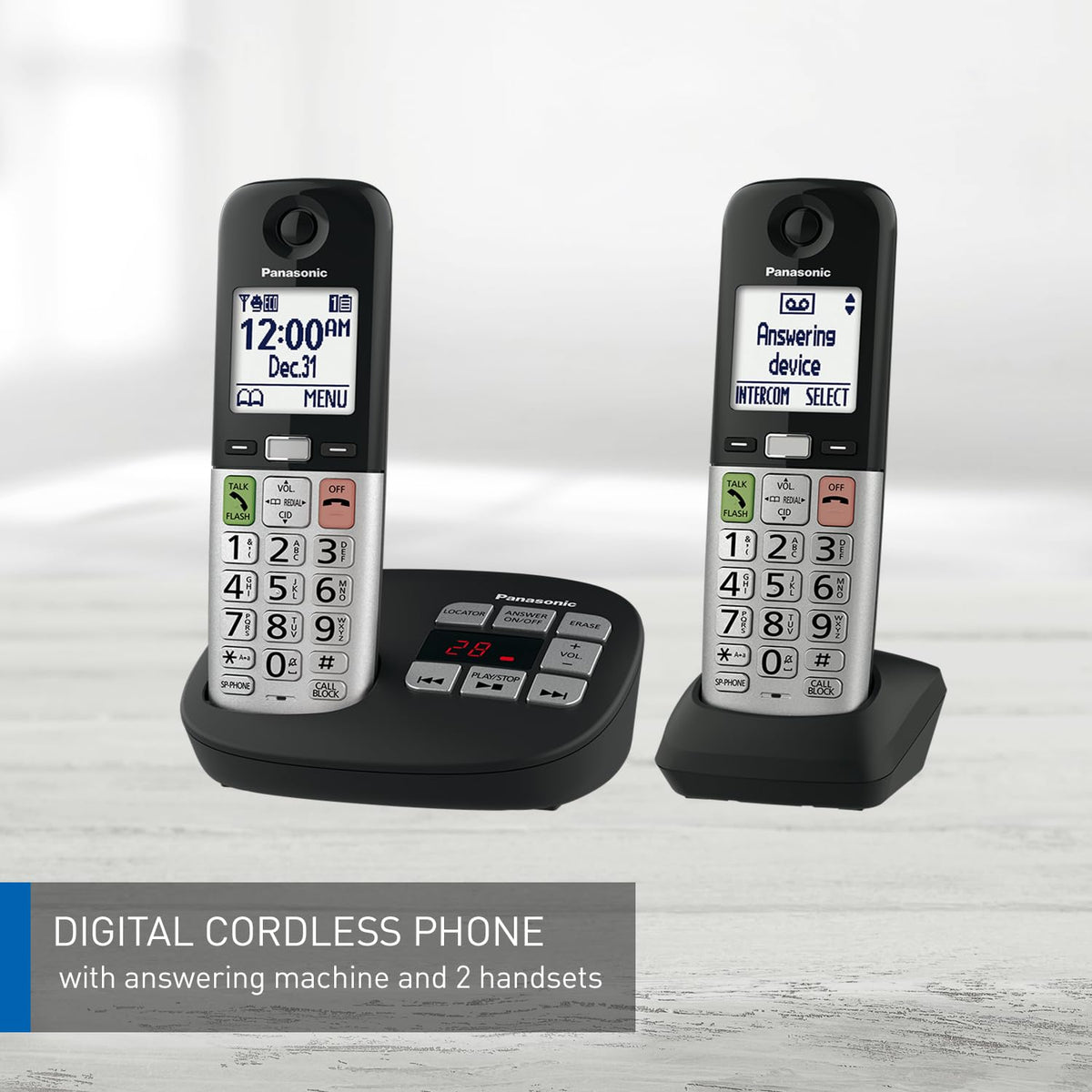 Panasonic Cordless Phone, Large Display and Big Buttons, Flashing Favourites Key, Built in Flashlight, Call Block, Volume Boost, Talking Caller ID, 2 Cordless Handsets - KX-TGU432CB (Black/Silver)
