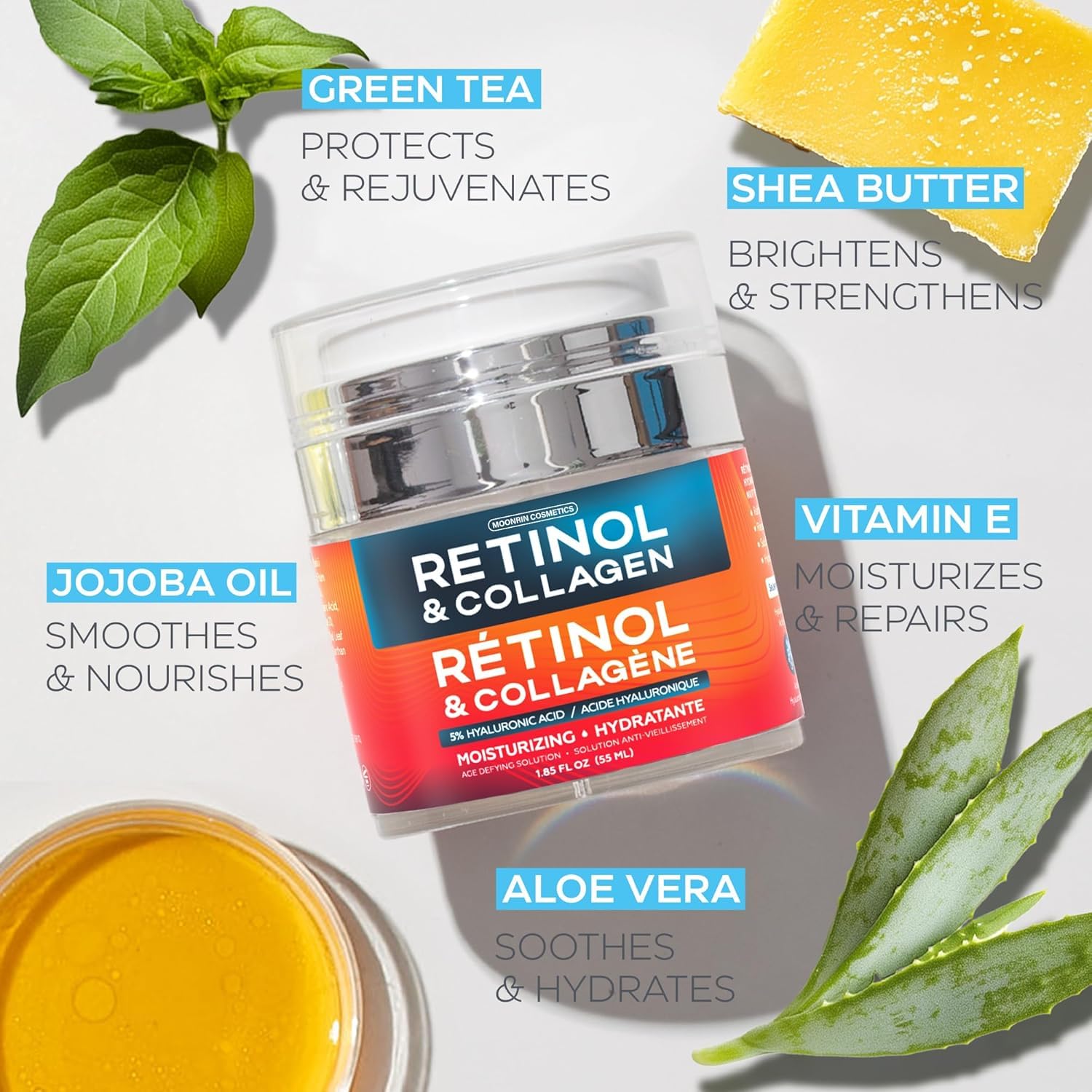 Retinol Cream for Face with Hyaluronic Acid, Collagen Day & Night Moisturizer for Women and Men, Age Solution Cream, 1.85 Oz
