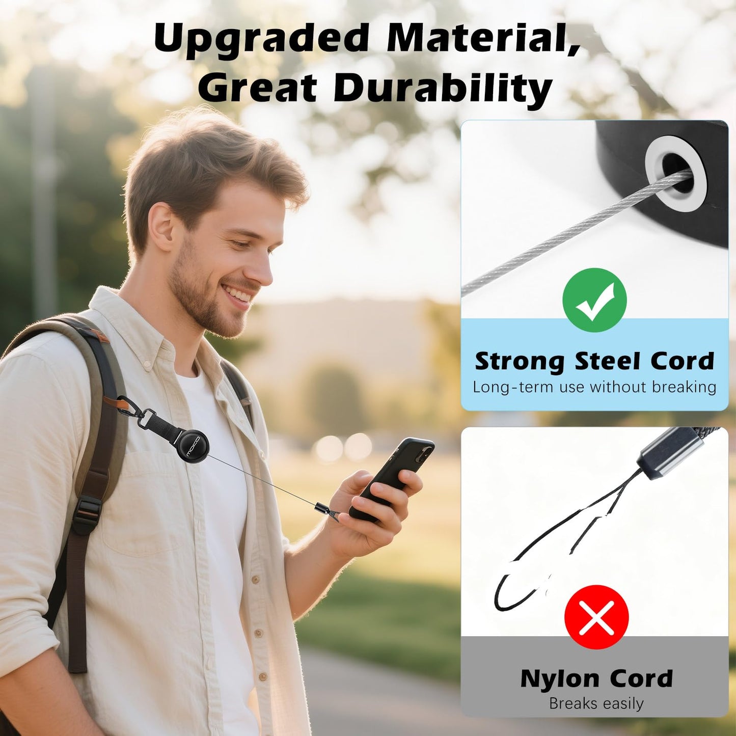 MoKo Anti-theft Phone Tether, Phone Lanyard Retractable Steel Line Cellphone Strap with Locking Carabiner and Metal 360° Tether Tab for Outdoor Skiing Hiking Climbing Fishing, Black - Available at All In One Marketplace Canada