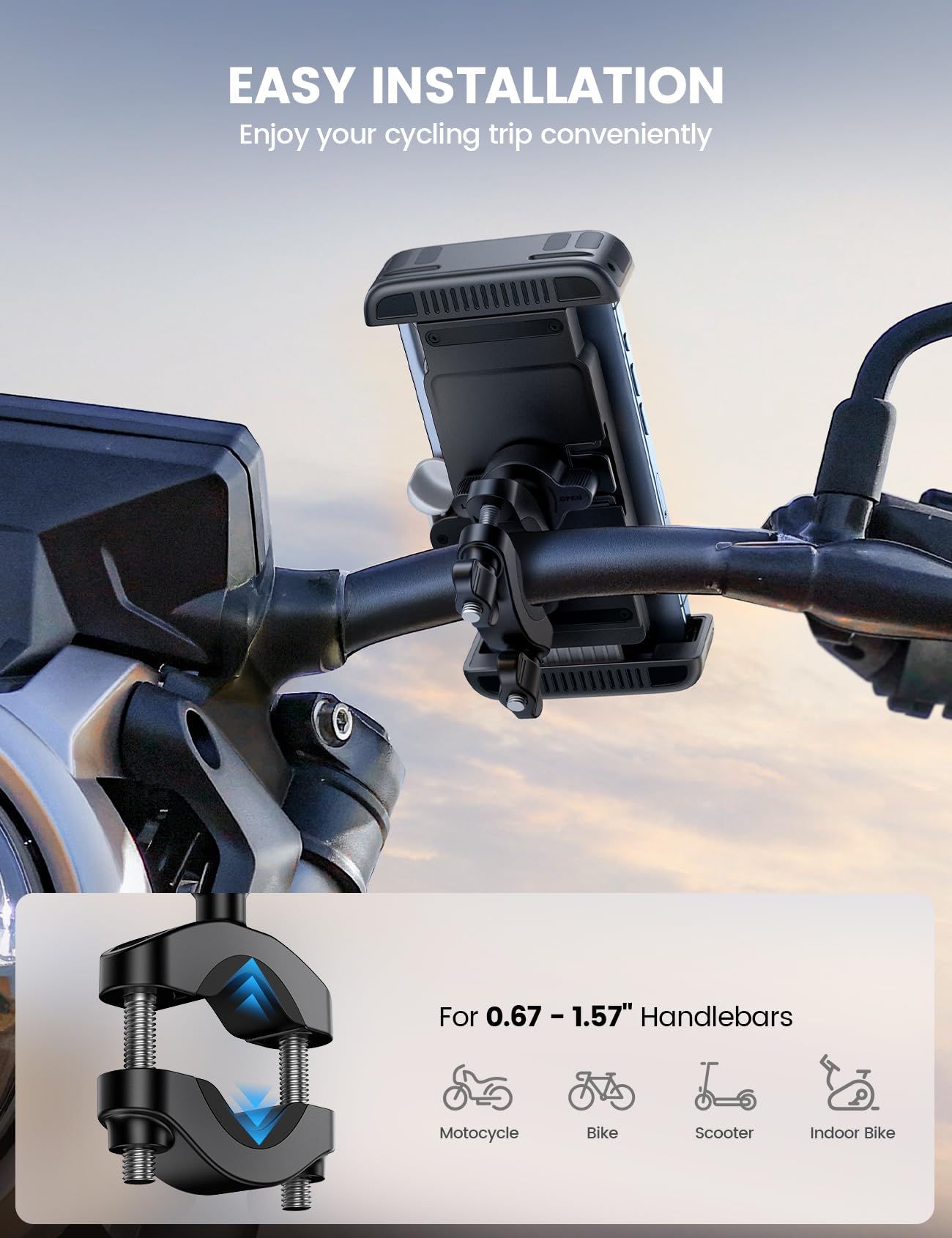 Lamicall Bike Motorcycle Phone Mount - [1s Quick Lock] Bike Phone Holder Clip, [Stable Handlebar Clamp] Bicycle Scooter Handlebar Clamp for iPhone 16 17 Pro Max Plus Air, S26 Ultra All Large
