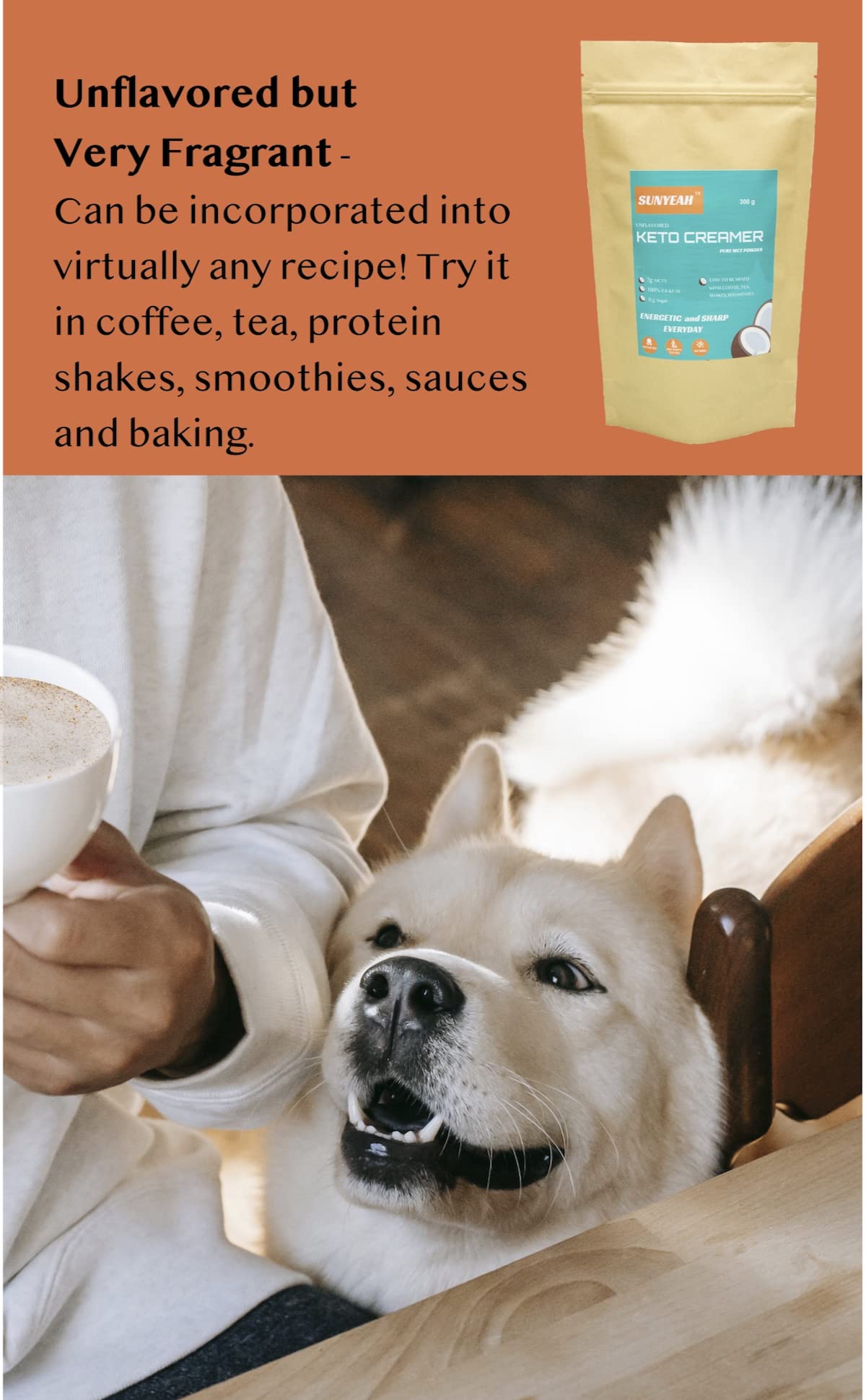 SUNYEAH MCT Oil Powder – C8 C10 Coconut-Based Creamer, 300g, 70% MCT Content, Keto & Paleo Friendly, Unflavored, Non-GMO