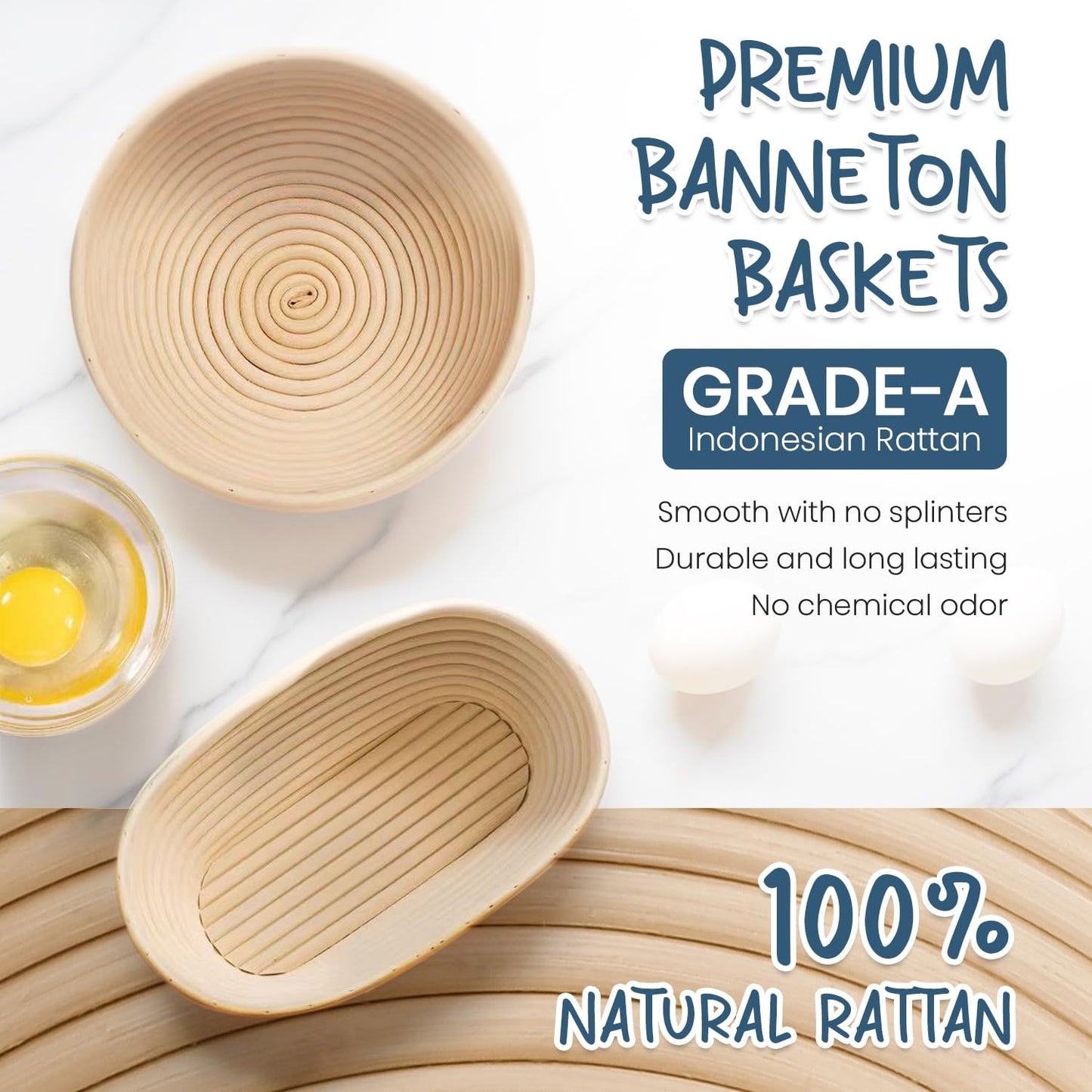 Glimsax Banneton Proofing Basket Set of 2, 9" Round & 10" Oval for Sourdough Baking, Bread Making Accessories and Tools Starter Kit, Gifts for Beginner and Professional Bakers - Available at All In One Marketplace Canada