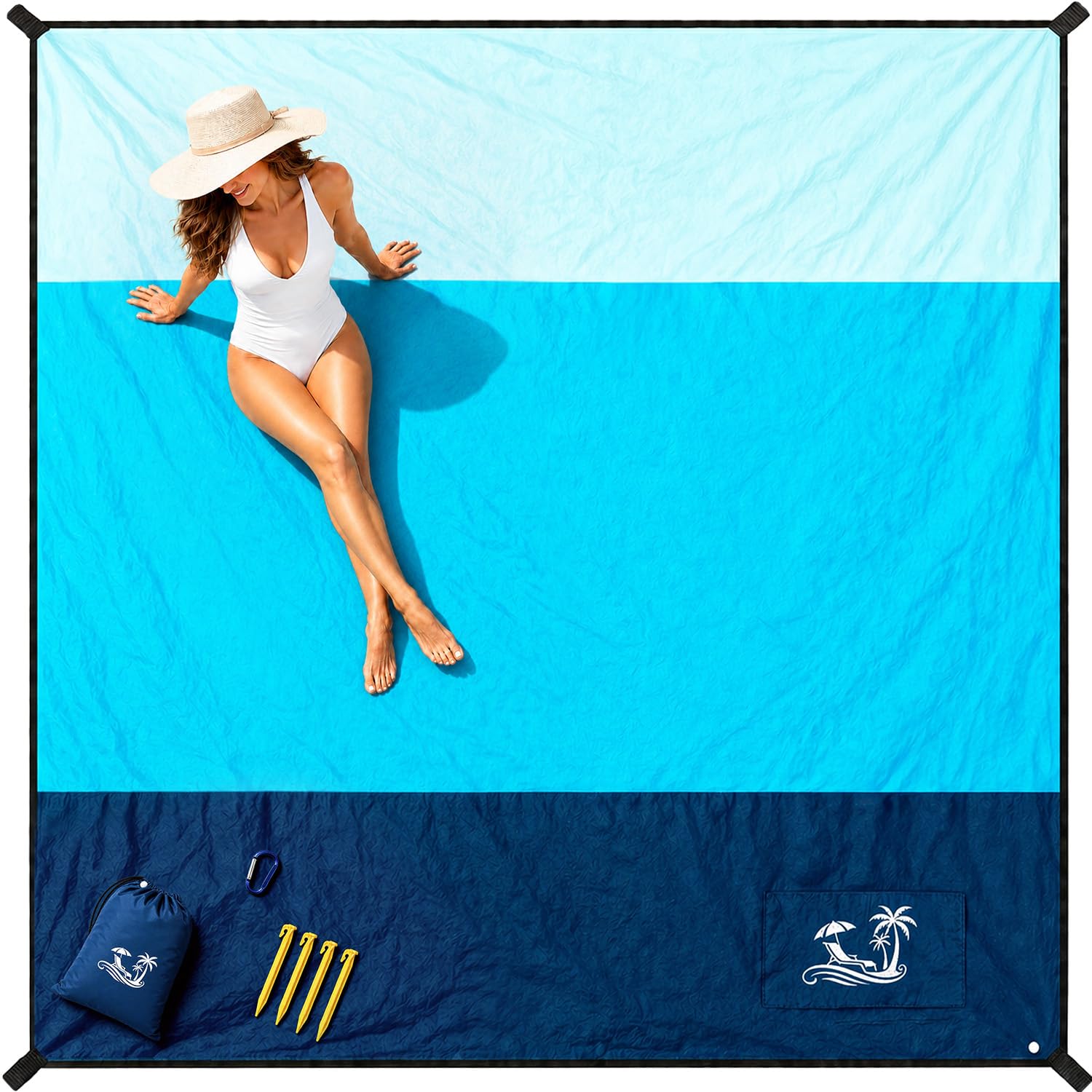 SOLNERY Large Beach Blanket Sand Proof Water Resistant, Beach Mat Sand Free Waterproof, Windproof, Stylish & Skin-Friendly, 8.2 x 6.8 ft, Fits 1–8 People, for Seaside, Picnic & Outdoor(Ocean Blue)
