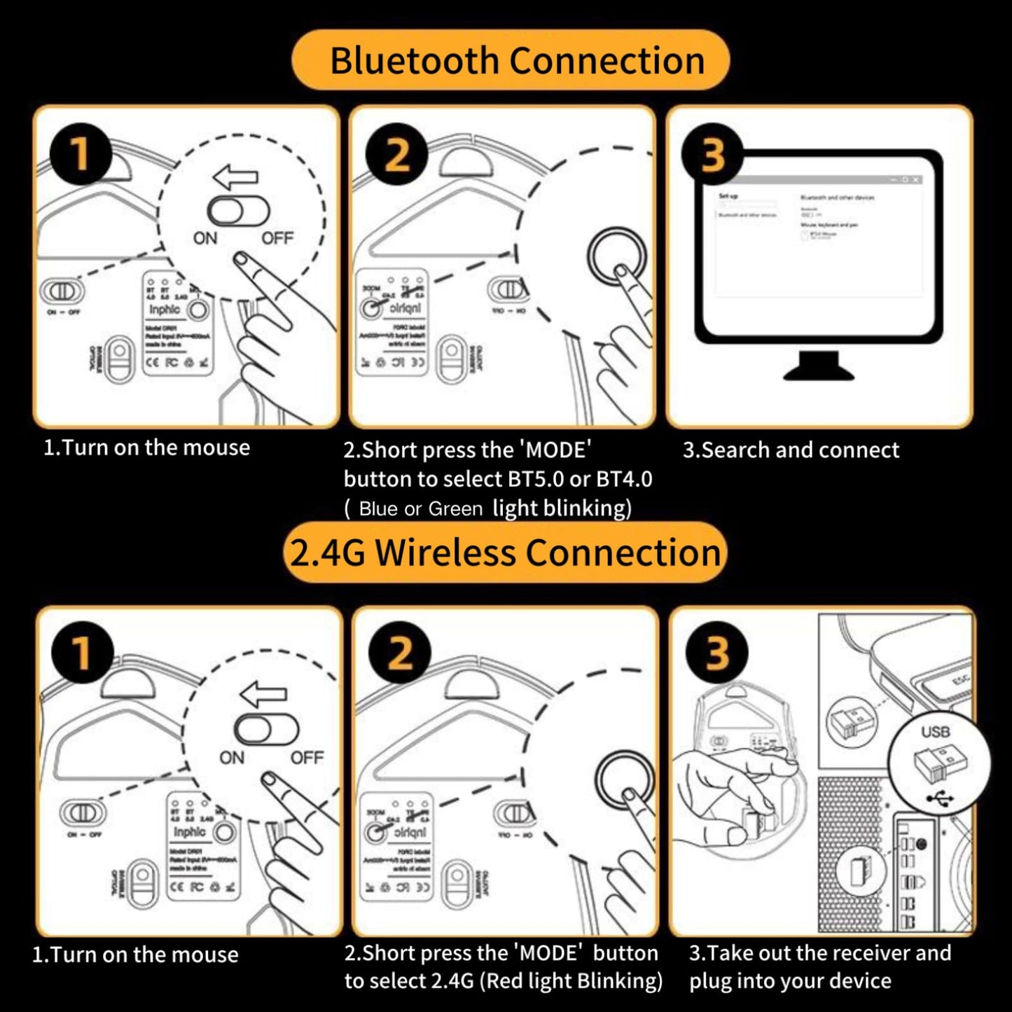 Bluetooth Mouse,[Upgraded] Wireless Mouse Rechargeable,Tri-Mode (BT 5.0/4.0+2.4G Hz),Computer Mouse with Visible Battery Level, 4 Adjustable DPI, Portable PC Mouse for MacBook Chromebook,Black
