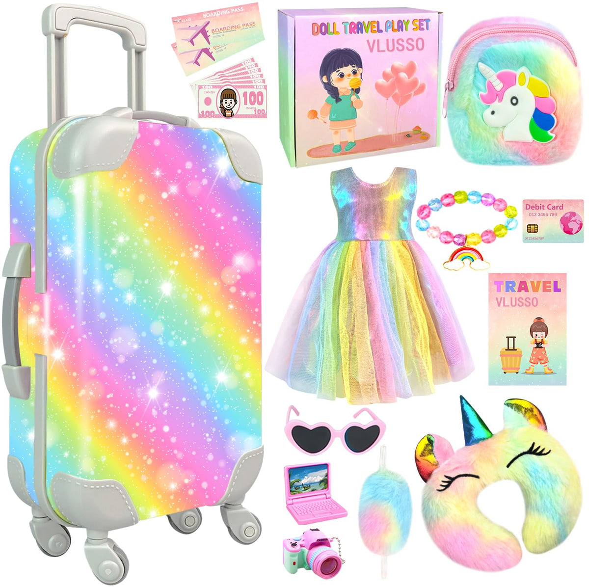 19Pcs 18 inch Girl Doll Accessories Case Luggage Travel Play Set with Doll Clothes Camera Travel Pillow Bag Dress Glasses Doll Stuff Fit 18 inch Doll Christmas Birthday Gift 🍁 All In One Marketplace Canada