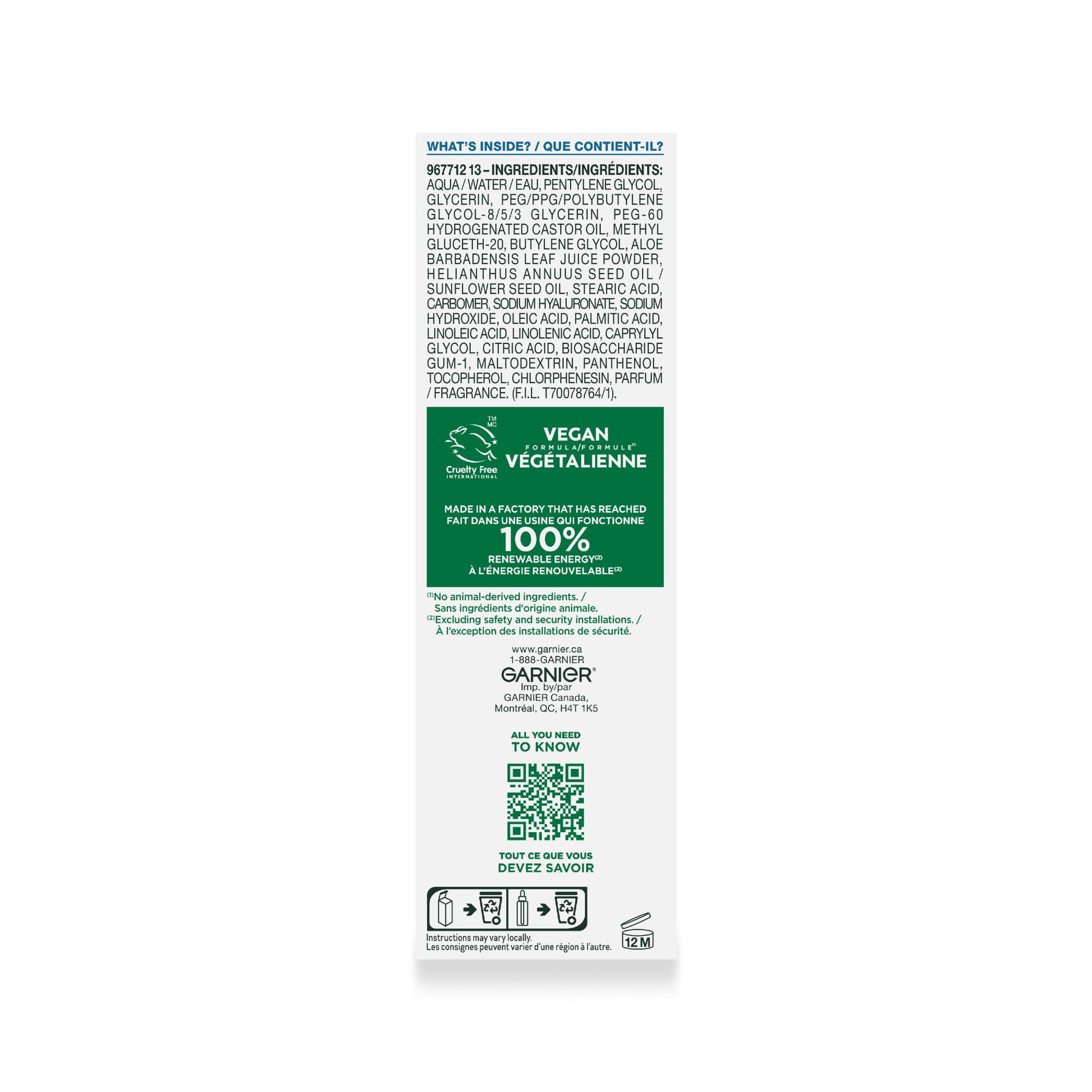 Garnier Hyaluronic Acid Face Serum, With Aloe Vera, Pro-Ceramides, Glycerin, Panthenol, Glass Skin, Reinforce Skin's Moisture Barrier, Hydrating, Replumpling, Normal To Combination, Vegan, 30ml - Available at All In One Marketplace Canada
