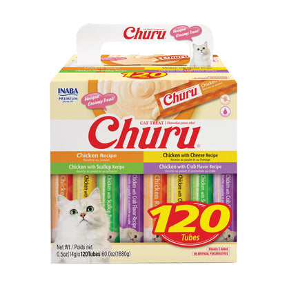 INABA Churu Cat Treats, Lickable, Squeezable Creamy Purée with Vitamin E, 14 Grams per Tube, 120 Tubes Total, Chicken Variety