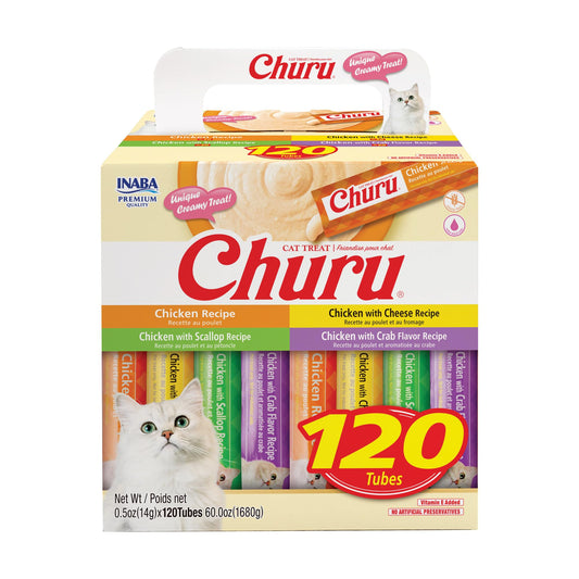 INABA Churu Cat Treats, Lickable, Squeezable Creamy Purée with Vitamin E, 14 Grams per Tube, 120 Tubes Total, Chicken Variety