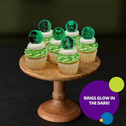24 anneaux à cupcakes phosphorescents Monstres Universal, décorations de cupcakes d'Halloween, incluant Dracula, Frankenstein, le Loup-garou, la Momie, l'Homme invisible, décorations de gâteaux adaptées au contact alimentaire – Lot de 24