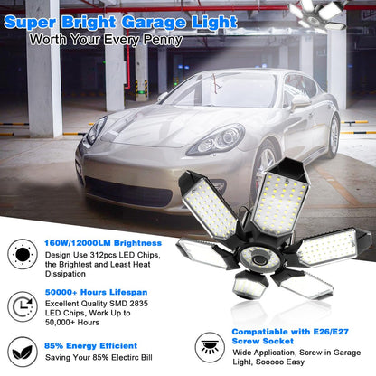 POLARPRA Garage Lights - 2Pack Super Bright 32000LM LED Garage Ceiling Light 6500K LED Shop Light w/ 6 Deformable Panels Screw in E26/E27 Socket Light Bulbs for Workshop Storage Warehouse Attic