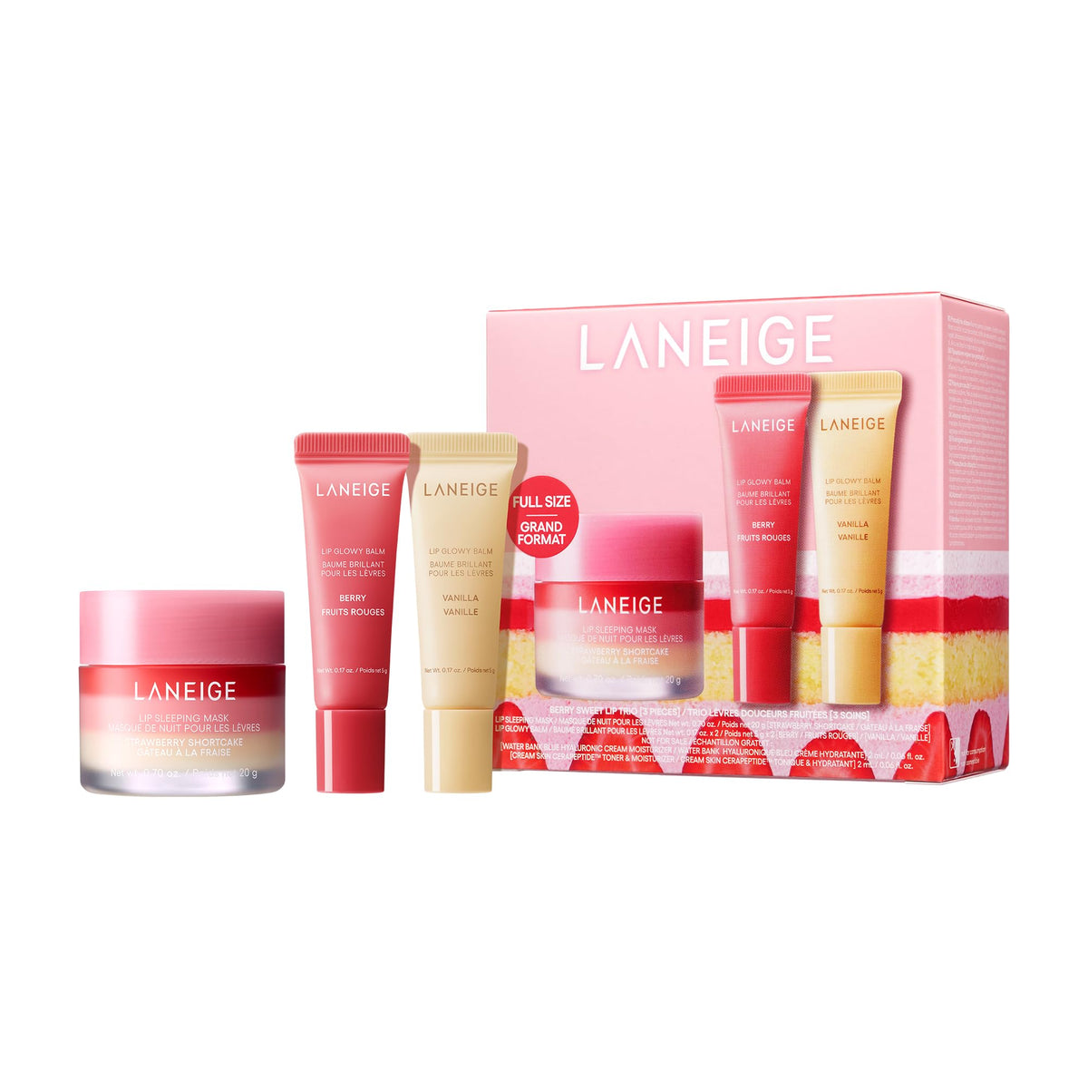 Coffret trio Laneige Berry Sweet | Masque de nuit pour les lèvres Strawberry Shortcake et mini baumes Lip Glowy en parfums Berry et Vanilla