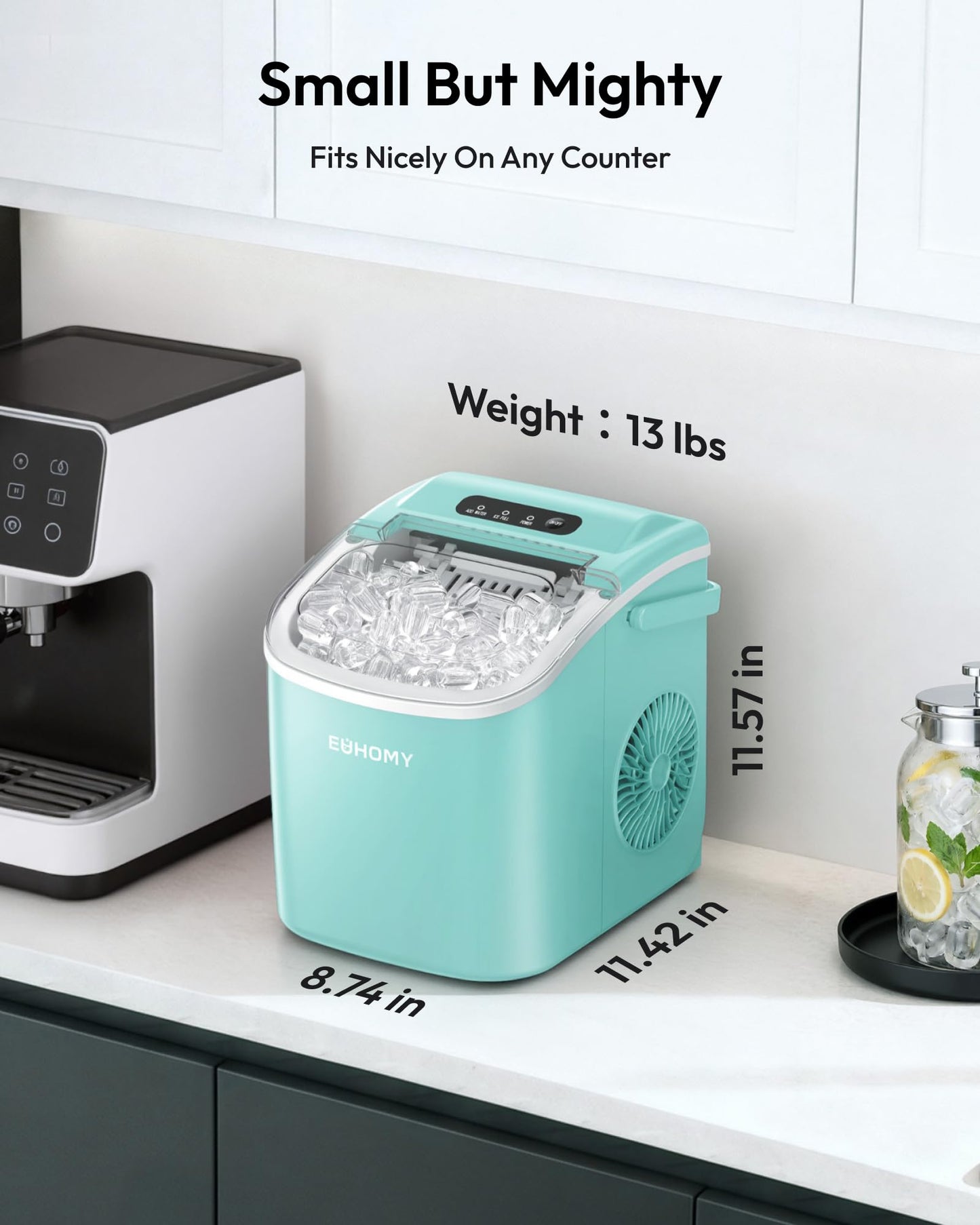 EUHOMY Countertop Ice Maker Machine with Handle, 26lbs Per Day, 9 Ice Cubes Ready in 6 Mins, Auto-Cleaning Portable Ice Maker with Basket and Scoop, for Home/Kitchen/Camping/RV (Green)
