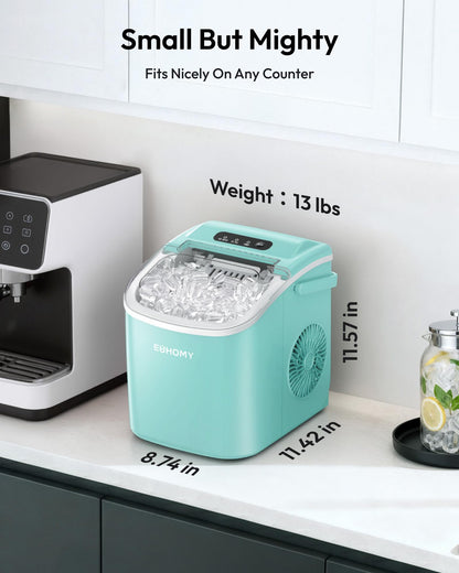 EUHOMY Countertop Ice Maker Machine with Handle, 26lbs Per Day, 9 Ice Cubes Ready in 6 Mins, Auto-Cleaning Portable Ice Maker with Basket and Scoop, for Home/Kitchen/Camping/RV (Green)