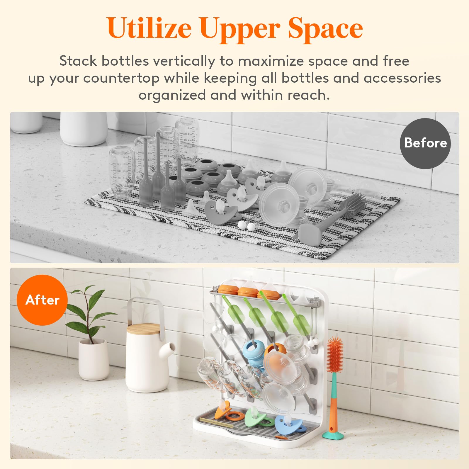 Lifewit Large Baby Bottle Drying Rack for 15 Bottles, Removable Pacifiers Box, Drip Tray, Vertical Rack for Bottle Accessories, Weighted Straws，Pump Parts, BPA-Free, White&Gray, Without Drain Mat