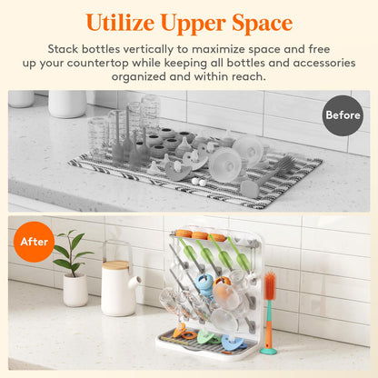 Lifewit Large Baby Bottle Drying Rack for 15 Bottles, Removable Pacifiers Box, Drip Tray, Vertical Rack for Bottle Accessories, Weighted Straws，Pump Parts, BPA-Free, White&Gray, Without Drain Mat