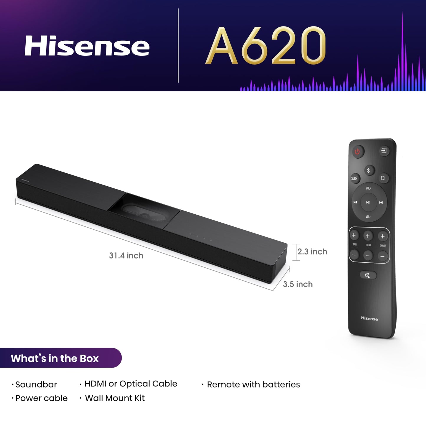 Hisense A620-2.1ch All-in-one Soundbar with 4.75 inch Built-in Visualised Subwoofer, 240W Max Audio Power, Compact Design with 5.3 Wireless Bluetooth, Powered by DTS Virtual:X, Roku TV Ready Hisense