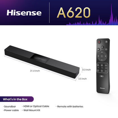 Hisense A620-2.1ch All-in-one Soundbar with 4.75 inch Built-in Visualised Subwoofer, 240W Max Audio Power, Compact Design with 5.3 Wireless Bluetooth, Powered by DTS Virtual:X, Roku TV Ready Hisense