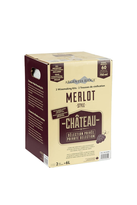 Kit de vin Merlot Argentia Ridge Château Private Selection | Vin rouge | Produit 60 bouteilles de 750 ml | Kit de vin de 2 x 6 gallons