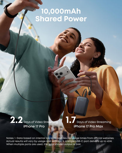 Anker Nano Power Bank, 10,000mAh Portable Charger with 2.3 ft Anker InstaCord Retractable Cable, 45W Max Compact Battery Pack, Smart Display, for iPhone 17/16 Series,iPad,Galaxy,Pixel and More (Black)