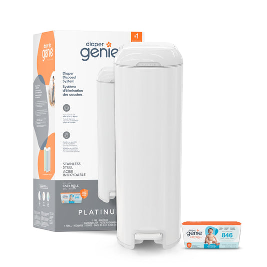 Diaper Genie Platinum Diaper Pail, White - Made in Durable Stainless Steel and Includes 1 Easy Roll Refill with 18 Bags