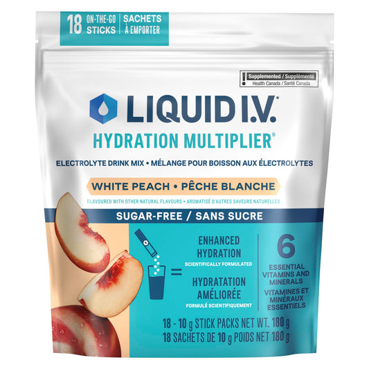Liquid IV Sugar-Free Electrolyte Drink Mix for enhanced hydration, White Peach with Vitamins B3, B5, B12 and C 60g (18 sticks)