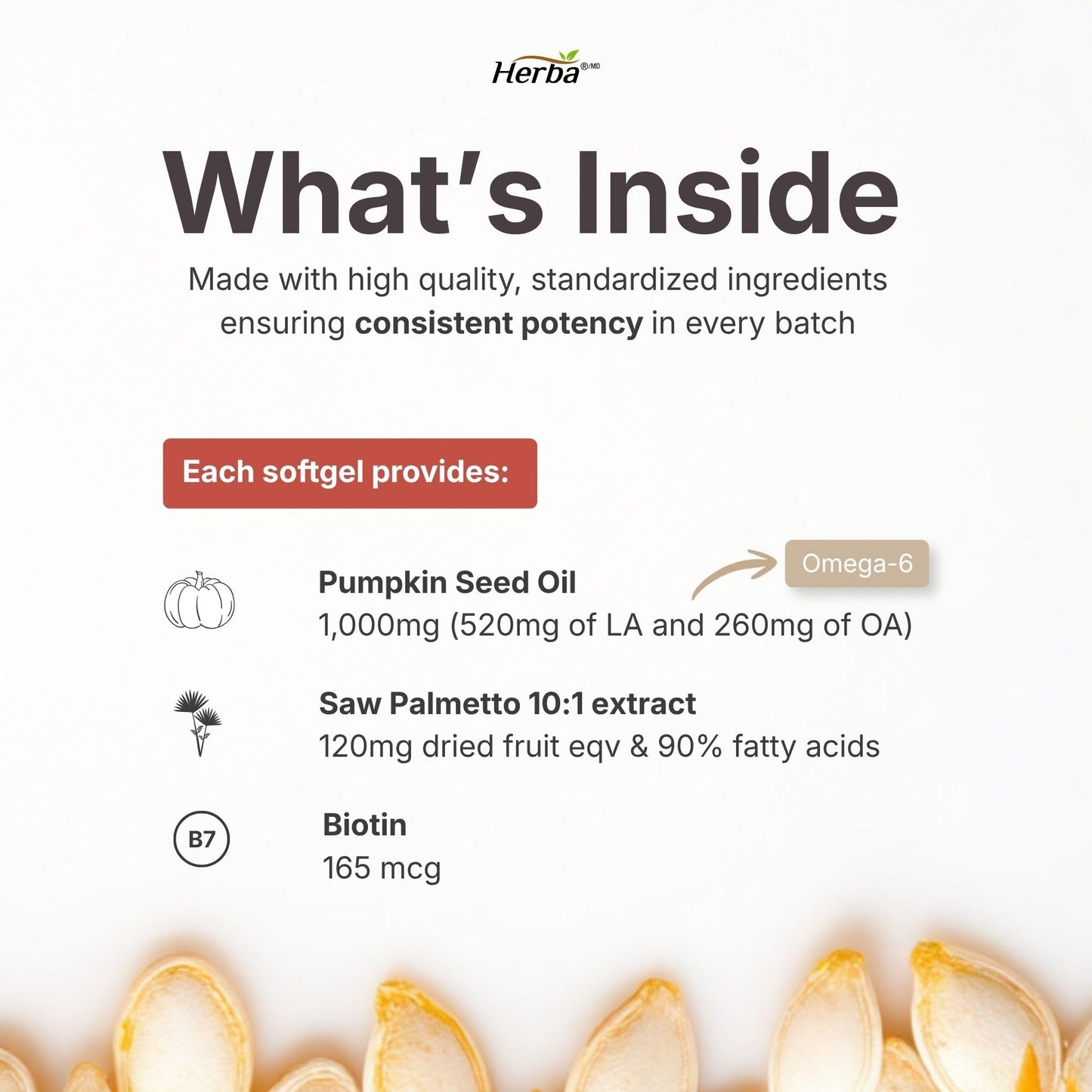 Herba Pumpkin Seed Oil Capsules for Hair - 90 Softgels | 3 in 1 with Saw Palmetto and Biotin | Cold Pressed, Extra Virgin, and Non GMO | Made in Canada - Available at All In One Marketplace Canada