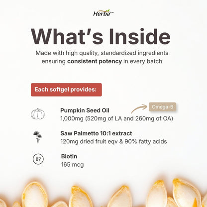 Herba Pumpkin Seed Oil Capsules for Hair - 90 Softgels | 3 in 1 with Saw Palmetto and Biotin | Cold Pressed, Extra Virgin, and Non GMO | Made in Canada - Available at All In One Marketplace Canada
