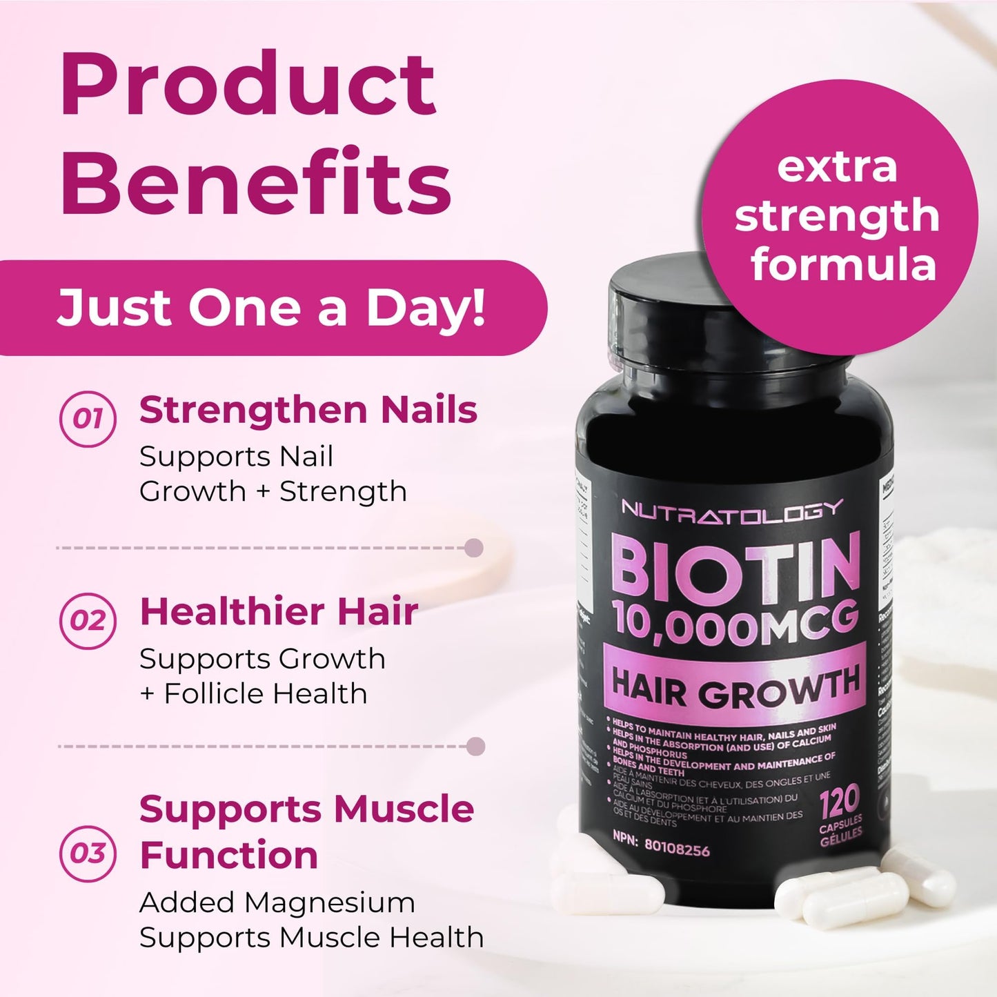 Biotin 10000MCG Hair Vitamins For Hair Growth Women | Canadian-Made | Promotes Healthy Skin & Nail Growth - Supports Muscle Function - Biotin Supplement - Hair Growth Products for Women - 120 capsules - Available at All In One Marketplace Canada