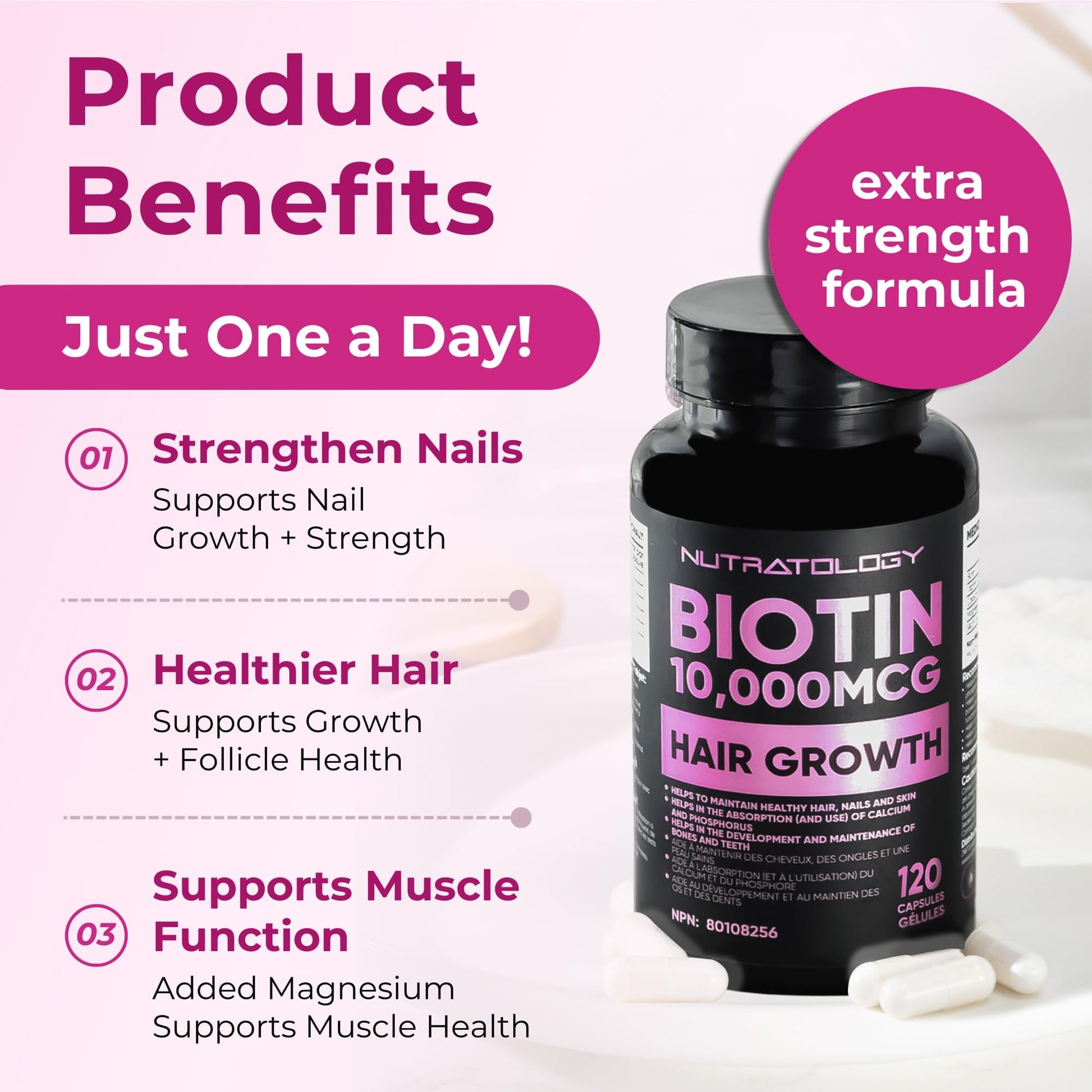 Biotin 10000MCG Hair Vitamins For Hair Growth Women | Canadian-Made | Promotes Healthy Skin & Nail Growth - Supports Muscle Function - Biotin Supplement - Hair Growth Products for Women - 120 capsules - Available at All In One Marketplace Canada