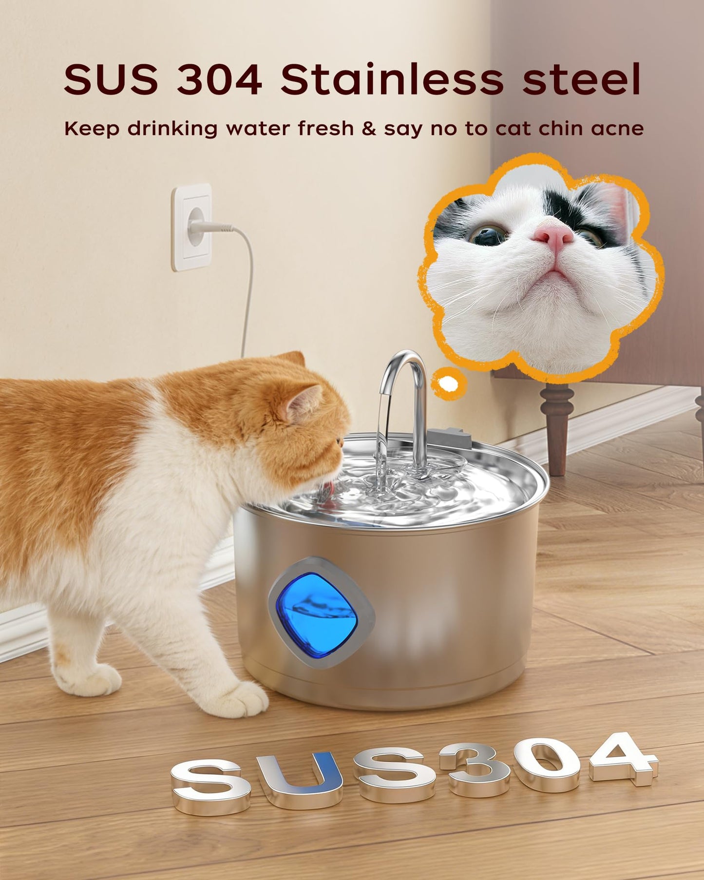 Quiet Cat Water Fountain, 2.8L/94oz Stainless Steel Cat Fountain, Ultra-Silent 25dB Pump, Pet Water Dispenser for Indoor Cats, Easy Clean, Visible Water Level(2.8L,with 2 Filters and 2 Sponges) - Available at All In One Marketplace Canada