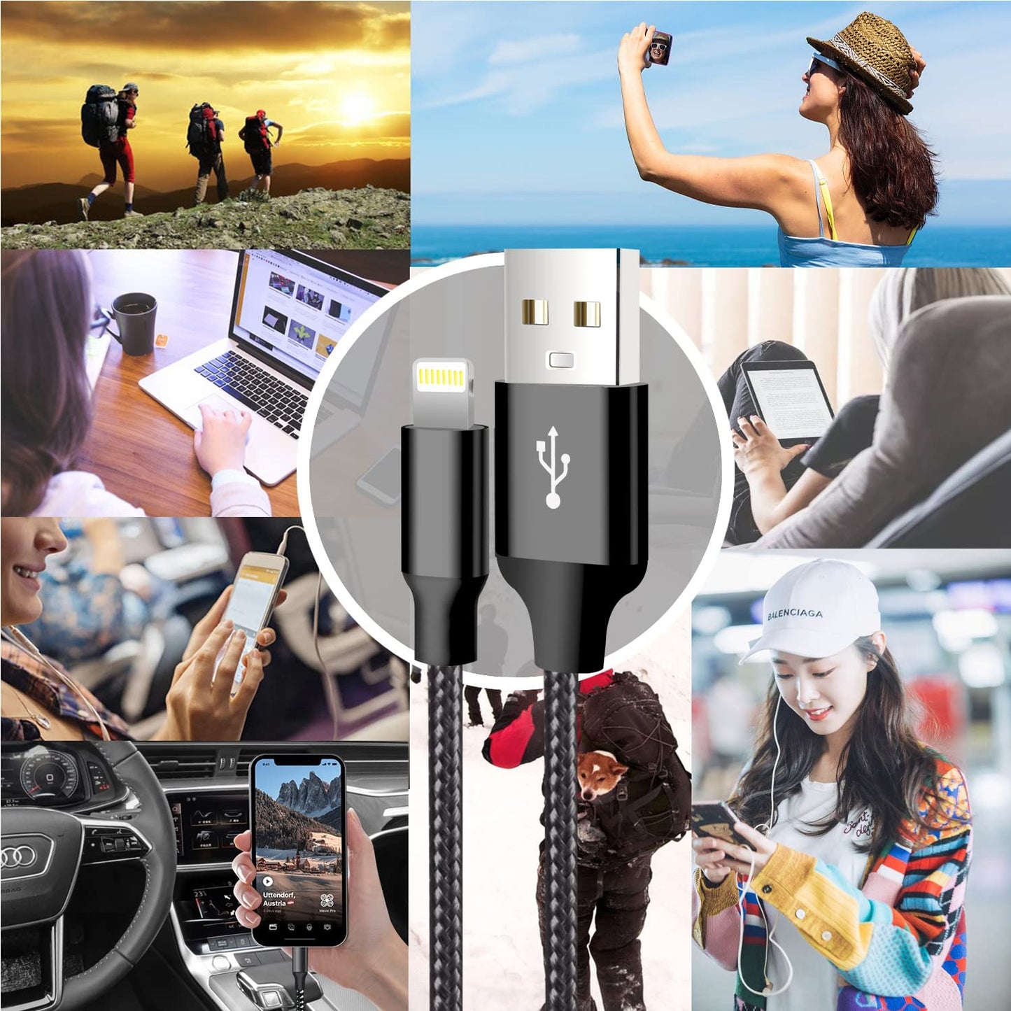 CUGUNU iPhone Charger, 5 Pack 3/3/6/6/10FT Apple MFi Certified USB Lightning Cable Nylon Braided Fast Charging Cord Compatible for iPhone 14/13/12/11/X/Max/8/7/6/5/SE/Plus/iPad - Black - Available at All In One Marketplace Canada