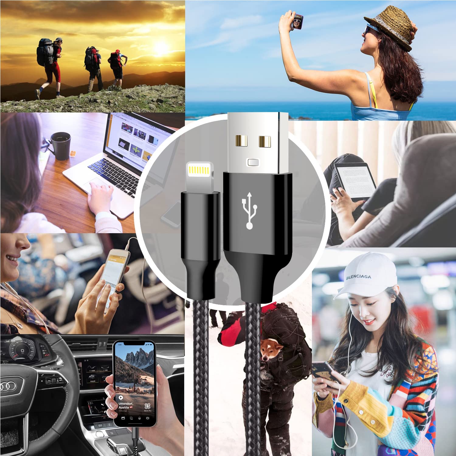 CUGUNU iPhone Charger, 5 Pack 3/3/6/6/10FT Apple MFi Certified USB Lightning Cable Nylon Braided Fast Charging Cord Compatible for iPhone 14/13/12/11/X/Max/8/7/6/5/SE/Plus/iPad - Black - Available at All In One Marketplace Canada