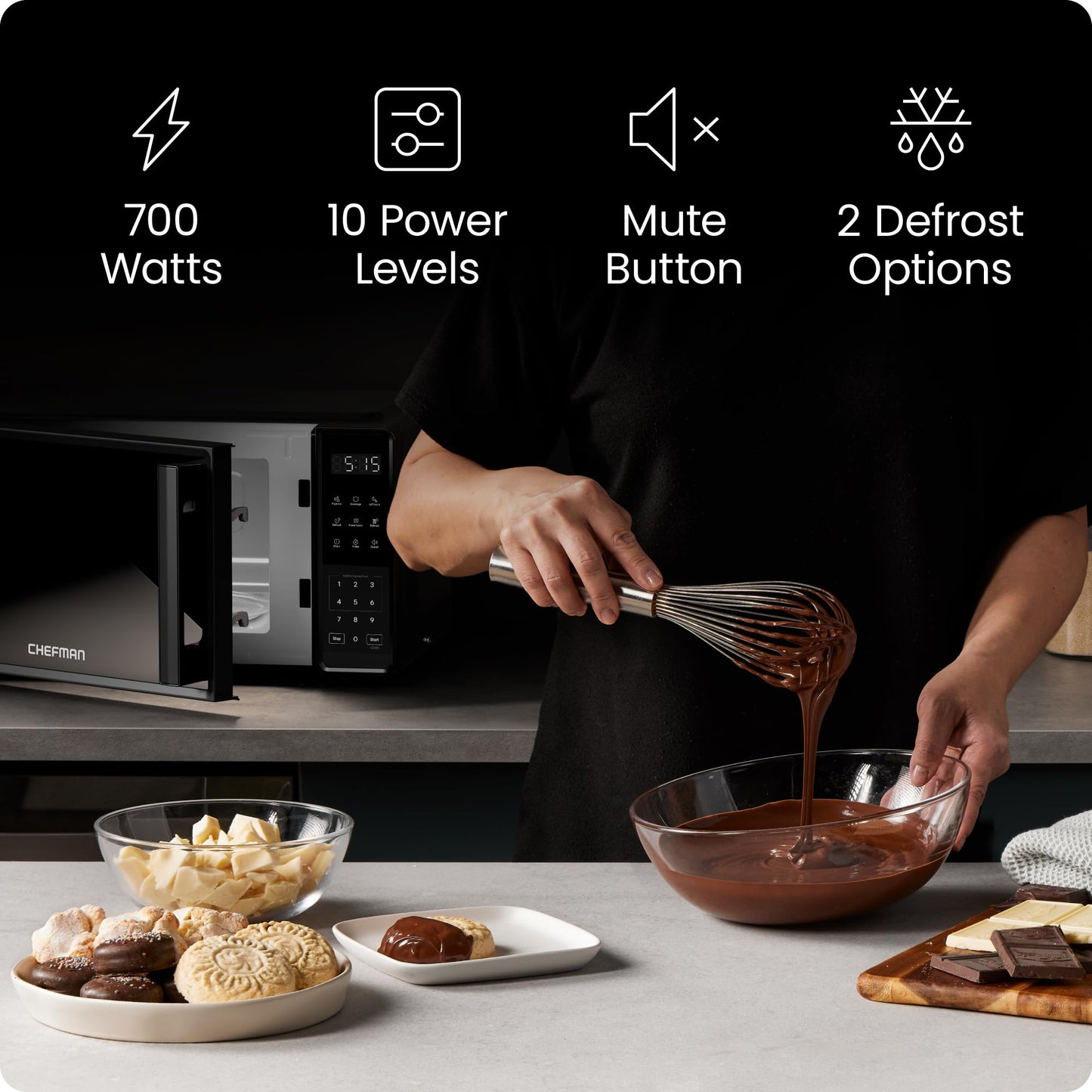 Chefman Countertop Microwave Oven 0.7 Cu. Ft., 700 Watts with 10 Power Levels, 6 Cooking Presets with One-Touch Express Cook, Eco Mode, Child Safety Lock, & Mute Button - Black - Available at All In One Marketplace Canada