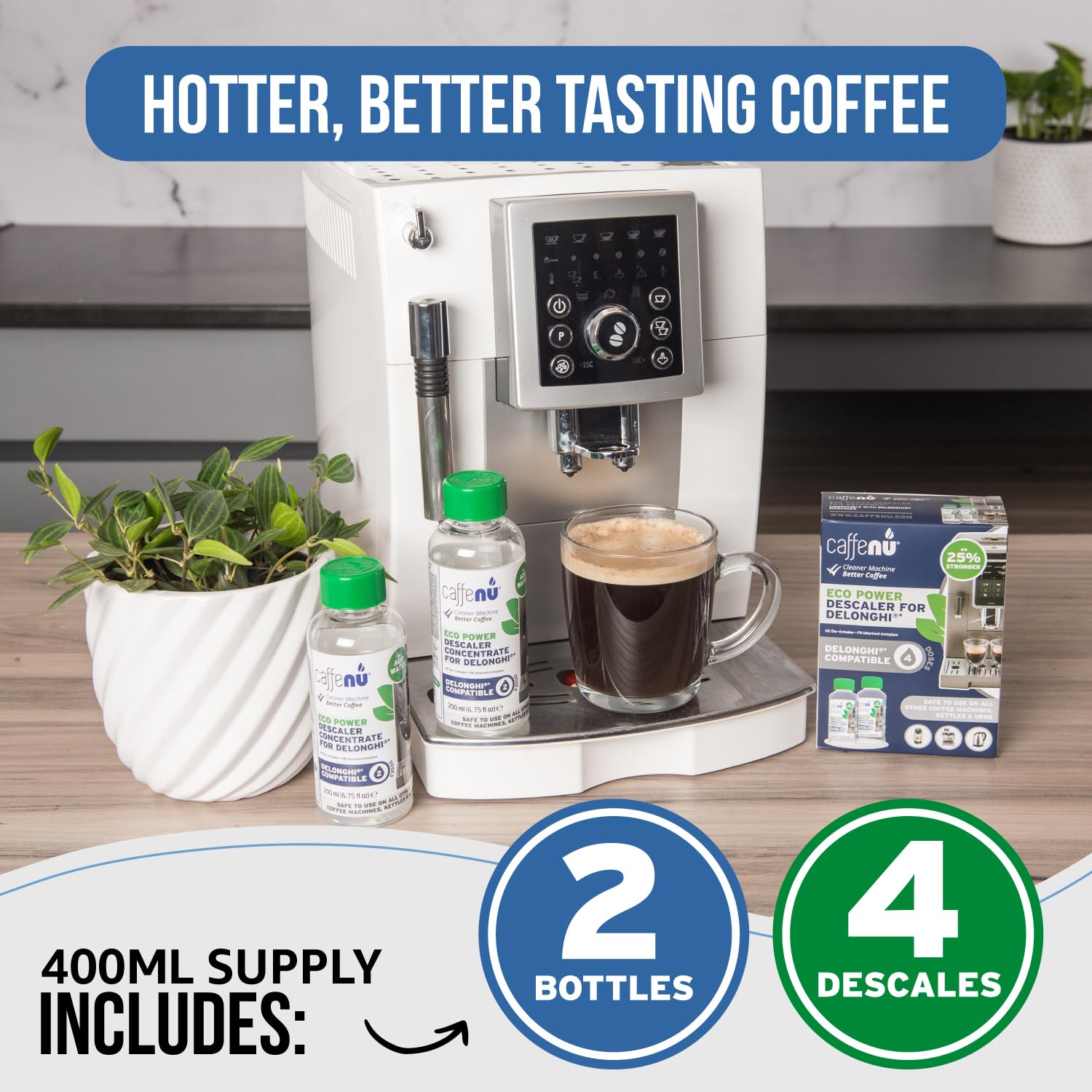 Delonghi Compatible Descaling Solution. 2 Bottles of Descaler Solution. Descaling Kit Removes Limescale For Hotter Coffee. 4 Uses Descaler For Delonghi Coffee Machines. - Available at All In One Marketplace Canada