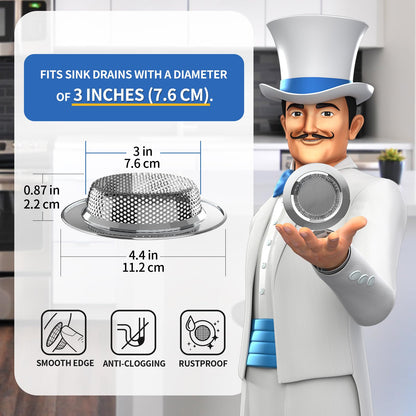 MR.SIGA Kitchen Sink Strainer, Stainless Steel Sink Drain Strainer, Dishwasher Safe, Outer Diameter4.4 inch/11.2cm, Inner Diameter 3 inch/7.6cm, Pack of 3