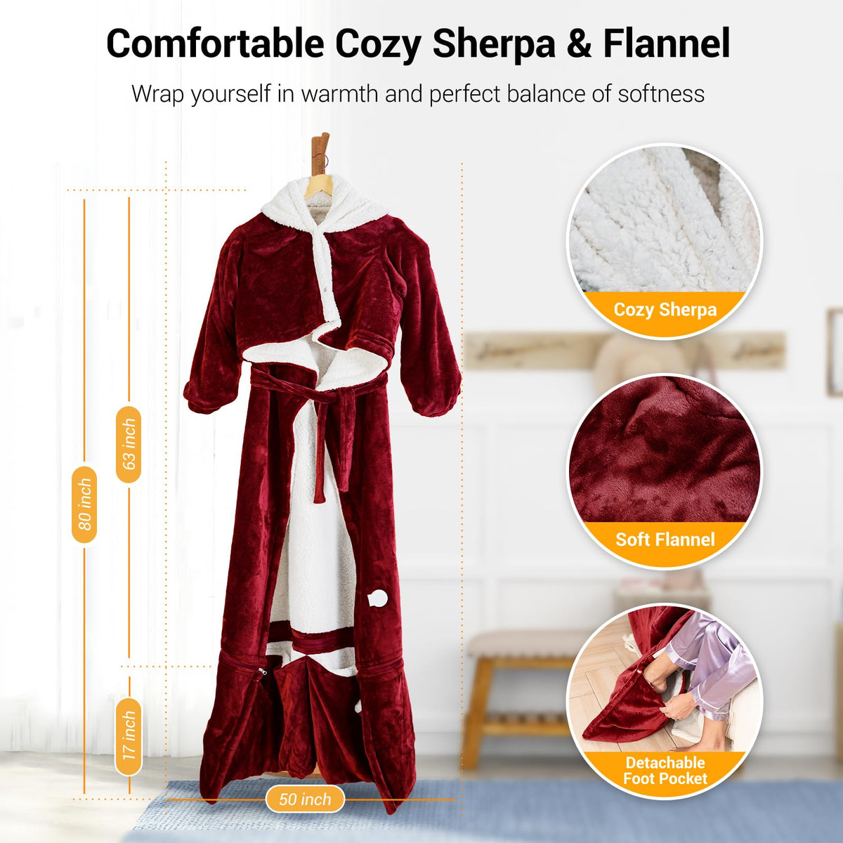 Wearable Heated Blanket Electric with Removable FootPocket,Snuggle Heated Blankets Hoodie with Sleeves Heated Robes for Women Flannel&Sherpa Heating Throw Blanket Shawl with 9 Temp for Winter 50"x80" 🍁 All In One Marketplace Canada