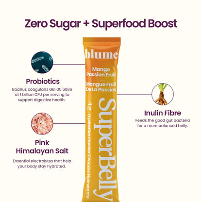 Blume SuperBelly Variety Pack – Gut Health Hydration Sticks, Sugar-Free Electrolytes, 45 Count