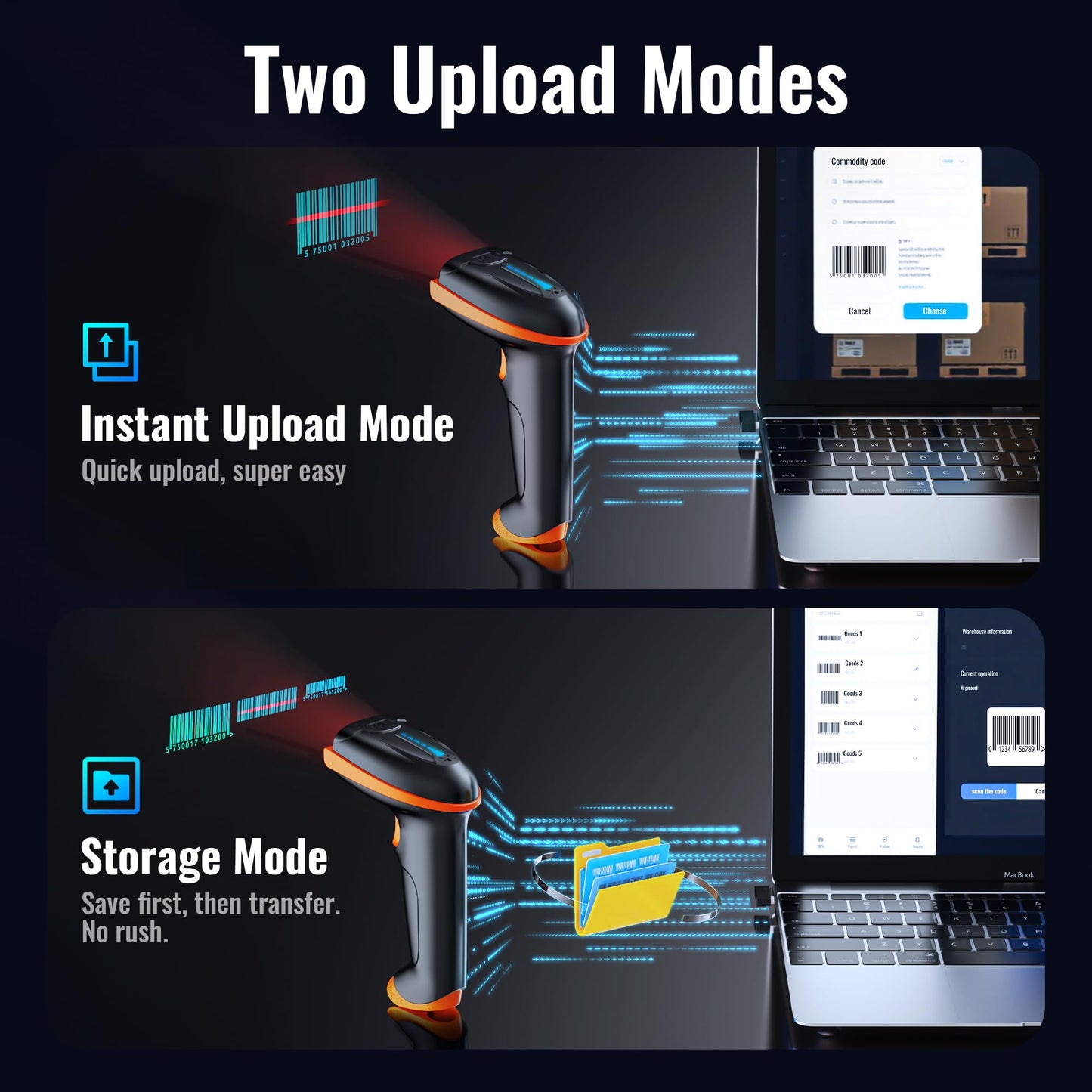 Tera Barcode Scanner Wireless 1D Laser Cordless Barcode Reader with Battery Level Indicator, Versatile 2 in 1 2.4Ghz Wireless and USB 2.0 Wired Tera