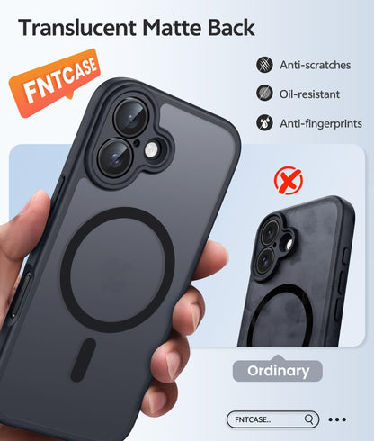 FNTCASE for iPhone 16 Phone Case: Magnetic Translucent Matte [Full Covered Camera Protection] [Screen Protector] Military Grade Shockproof Slim Cover Drop Proof Protective Cases - Black