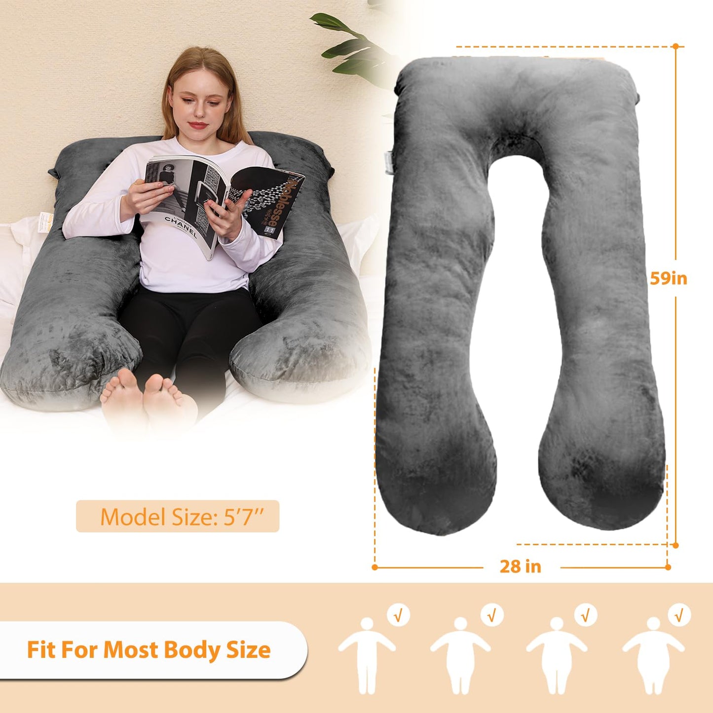 Chilling Home 59 Inch Pregnancy Pillow for Sleeping, Maternity Pillow for Pregnant Women, Full Body Pillow for Adults, Comfort U Shaped Pregnancy Pillow with Removable Washable Velvet Cover, Dark Grey - Available at All In One Marketplace Canada