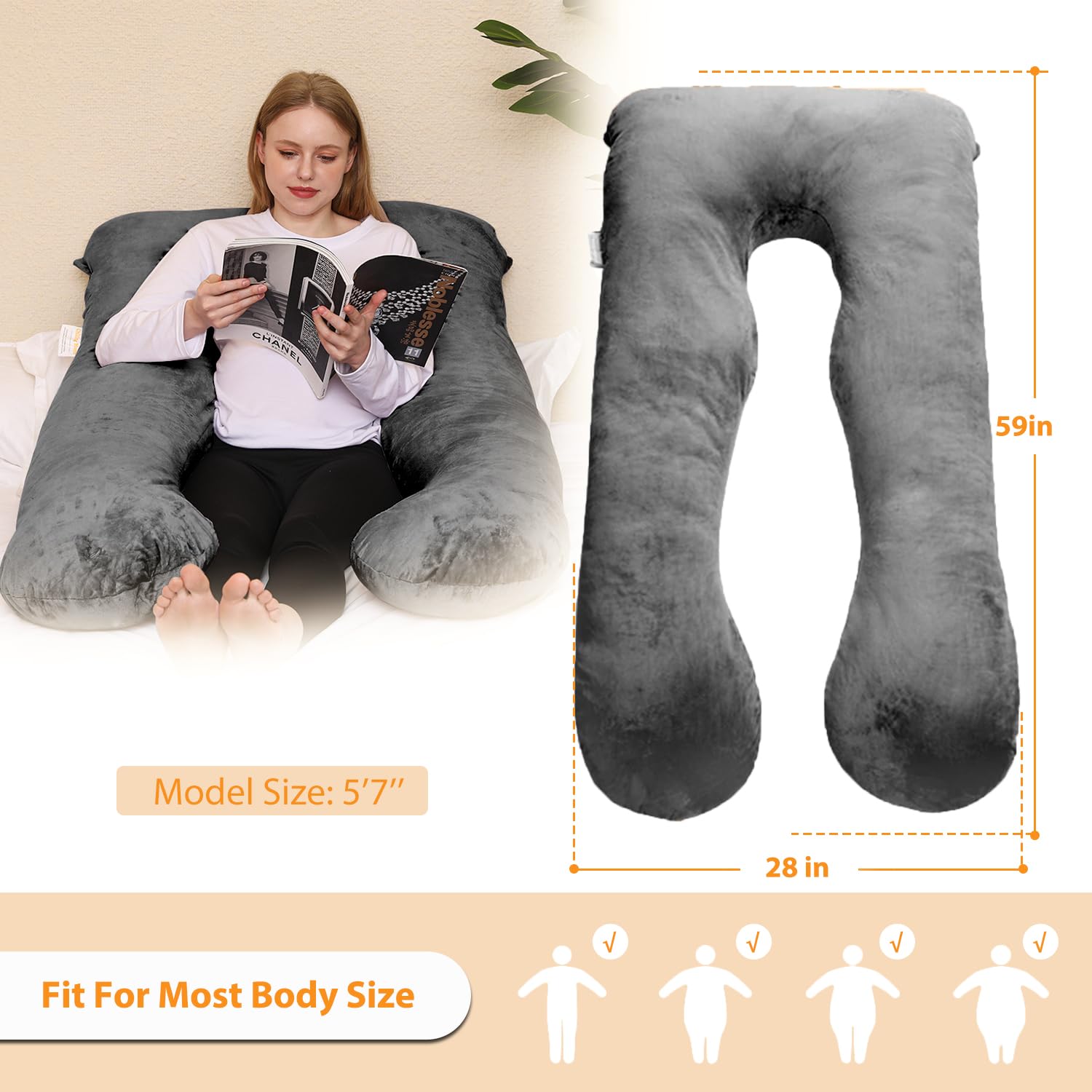 Chilling Home 59 Inch Pregnancy Pillow for Sleeping, Maternity Pillow for Pregnant Women, Full Body Pillow for Adults, Comfort U Shaped Pregnancy Pillow with Removable Washable Velvet Cover, Dark Grey - Available at All In One Marketplace Canada