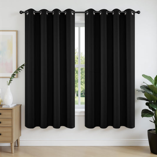Joydeco Blackout Curtains 63 Inchs Long 52 Wide Black Out Curtains 2 Panels, Thermal Insulated Long Curtain& Drapes, Room Darkening Grommet Drapes for Living Bedroom Window (W52 x L63 Inch, Black)