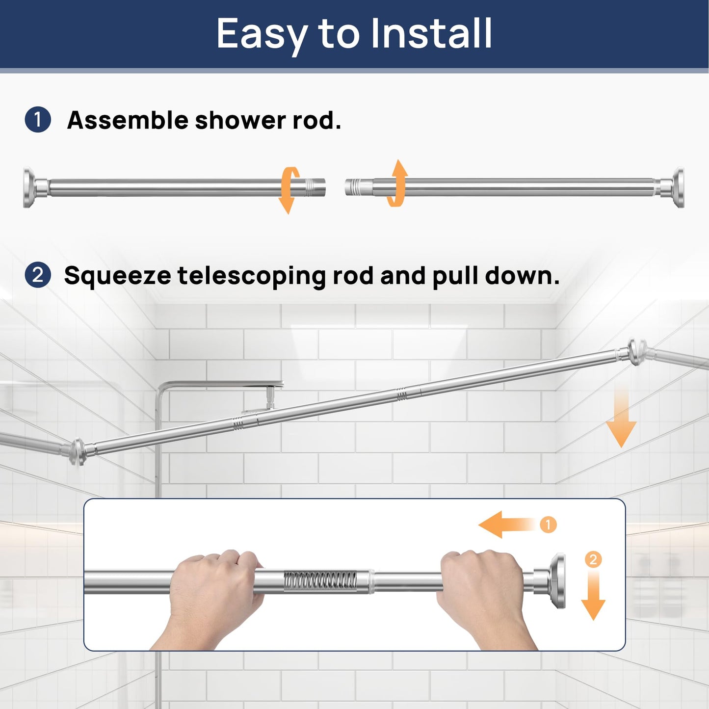 Shower Curtain Rod 30 to 76 Inches, 1 Inch Adjustable Spring Tension Stainless Steel Shower Rod No Drill for Bathroom, Closet, Window, Room Divider, Never Rust, Non Slip, Chrome