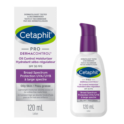 Cetaphil PRO DermaControl Face Sunscreen SPF 30, Oil Control Moisturizer for Oily Sensitive Skin, Broad Spectrum Matte Finish with Zinc Complex, Dermatologist Recommended, 120ml - Available at All In One Marketplace Canada