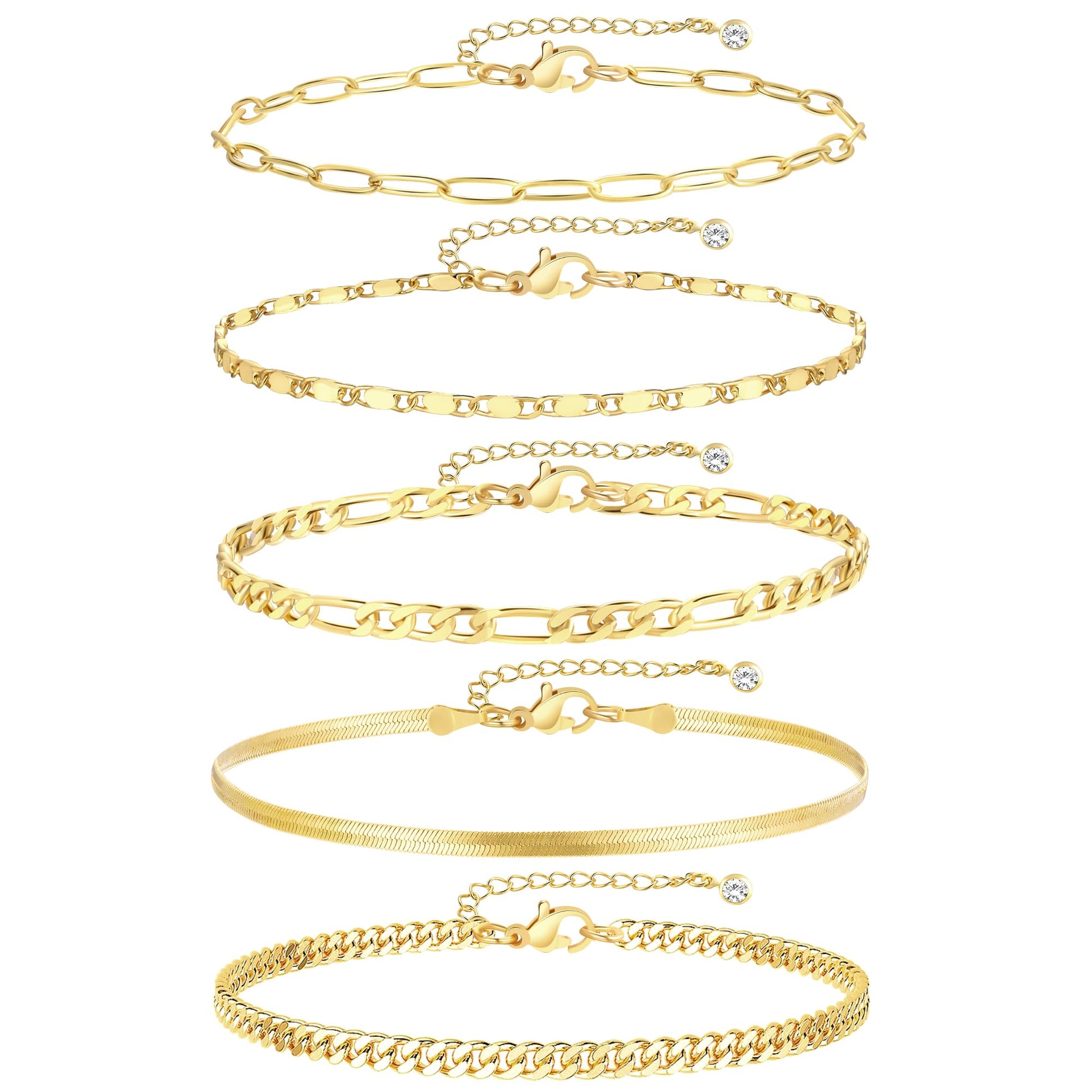 Gold Ankle Bracelets for Women, 14k Gold Plated Waterproof Cuban Link Chain Anklets Set, Layered Anklet Bracelets for Women Beach Gift Adjustable Size 5pc (GOLD-1) - Available at All In One Marketplace Canada
