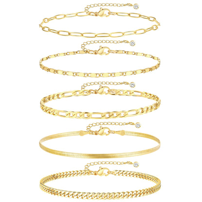 Gold Ankle Bracelets for Women, 14k Gold Plated Waterproof Cuban Link Chain Anklets Set, Layered Anklet Bracelets for Women Beach Gift Adjustable Size 5pc (GOLD-1) - Available at All In One Marketplace Canada