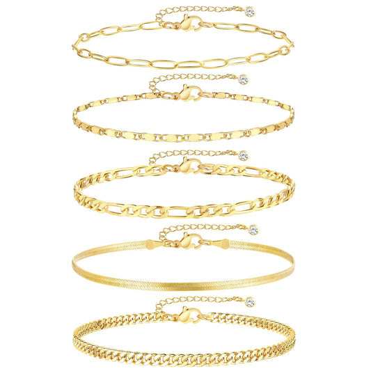 Gold Ankle Bracelets for Women, 14k Gold Plated Waterproof Cuban Link Chain Anklets Set, Layered Anklet Bracelets for Women Beach Gift Adjustable Size 5pc (GOLD-1) - Available at All In One Marketplace Canada